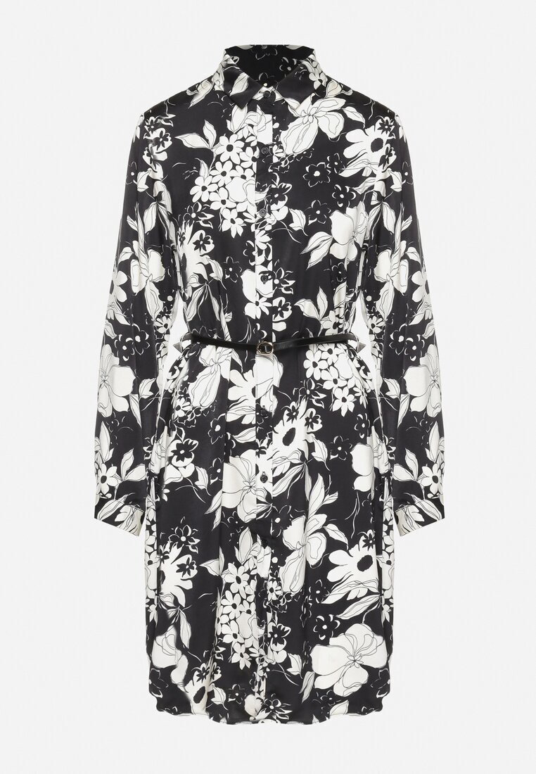 sophyline Rochie Cămașă Neagră cu Vâscoză cu Imprimeu Floral cu Curea Suplimentară Ninira