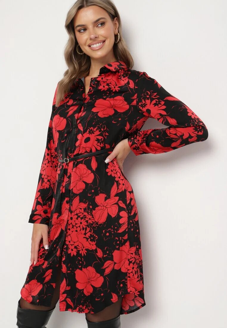 sophyline Rochie Negru-Roșie Tip Cămașă din Viscoză cu Imprimeu Floral cu Curea Adițională Ninira