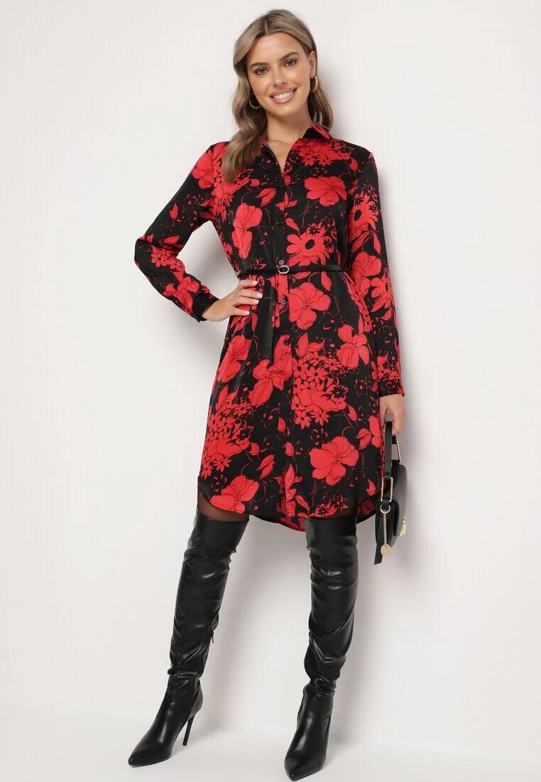 sophyline Rochie Negru-Roșie Tip Cămașă din Viscoză cu Imprimeu Floral cu Curea Adițională Ninira
