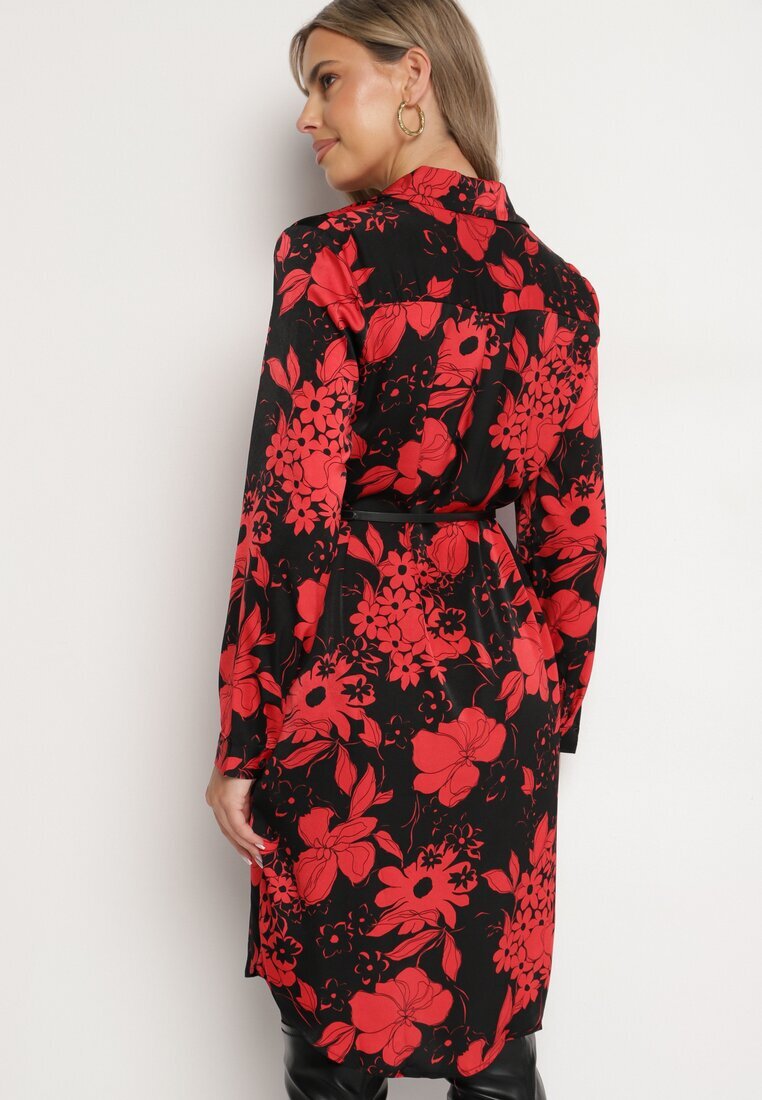 sophyline Rochie Negru-Roșie Tip Cămașă din Viscoză cu Imprimeu Floral cu Curea Adițională Ninira