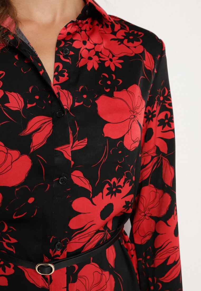 sophyline Rochie Negru-Roșie Tip Cămașă din Viscoză cu Imprimeu Floral cu Curea Adițională Ninira
