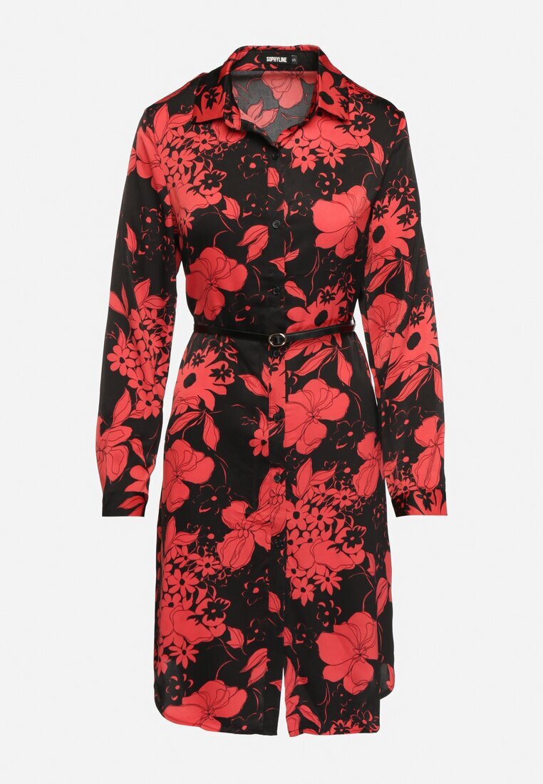 sophyline Rochie Negru-Roșie Tip Cămașă din Viscoză cu Imprimeu Floral cu Curea Adițională Ninira