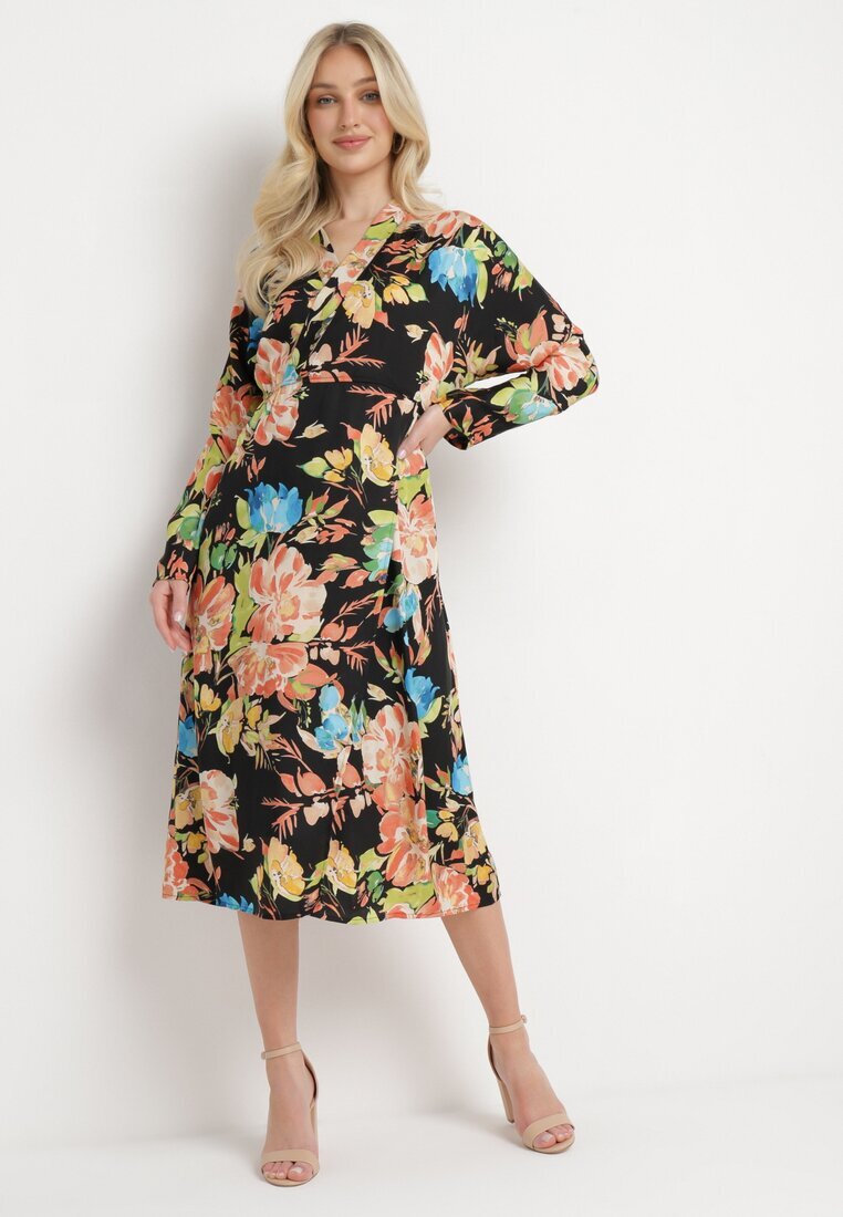 sophyline Rochie Negru-Roz Tip Petrecută cu Model Floral Anaviera