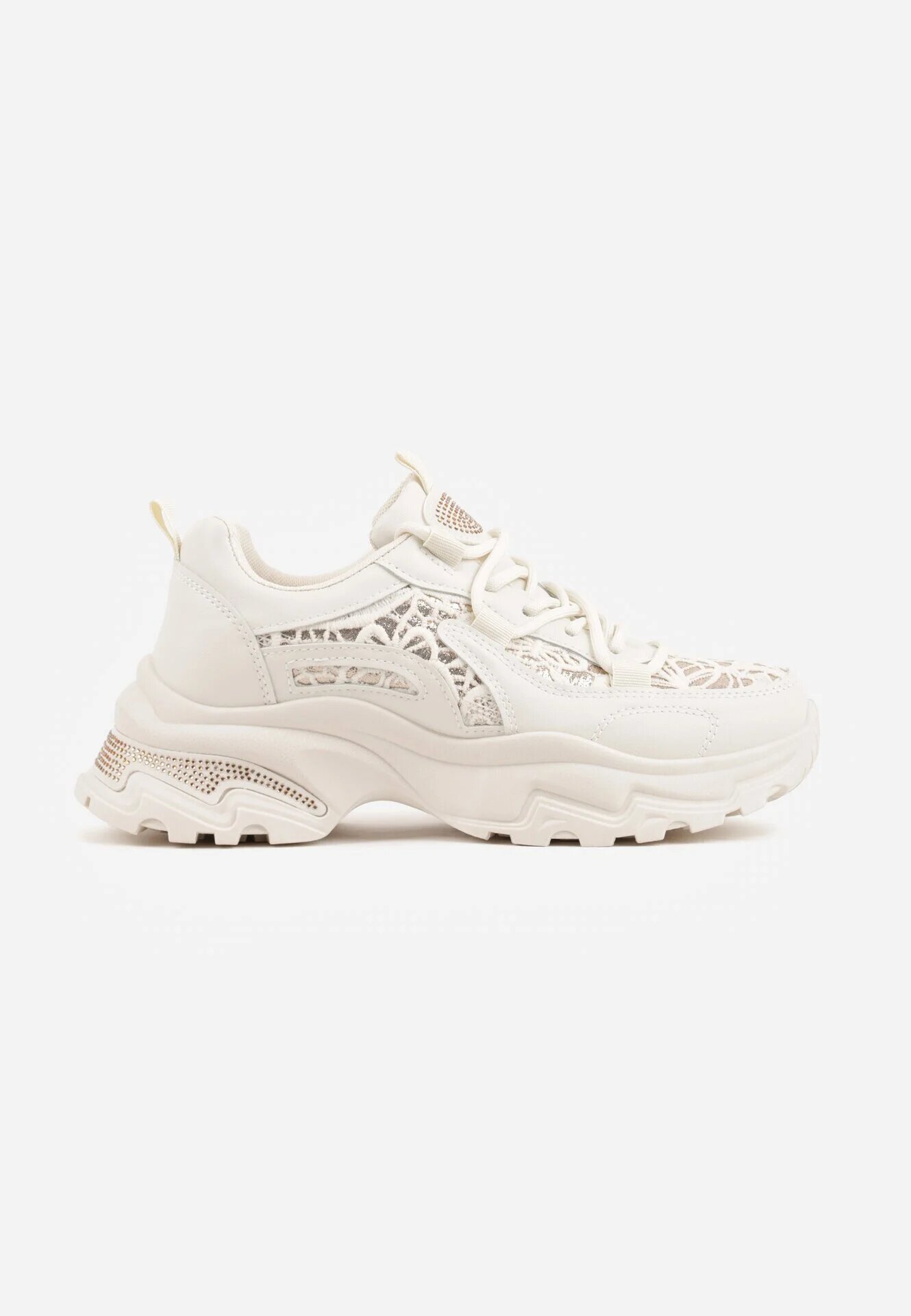 sport Sneakers Bej cu talpă groasă cu inserții din dantelă și zirconii Sephialle