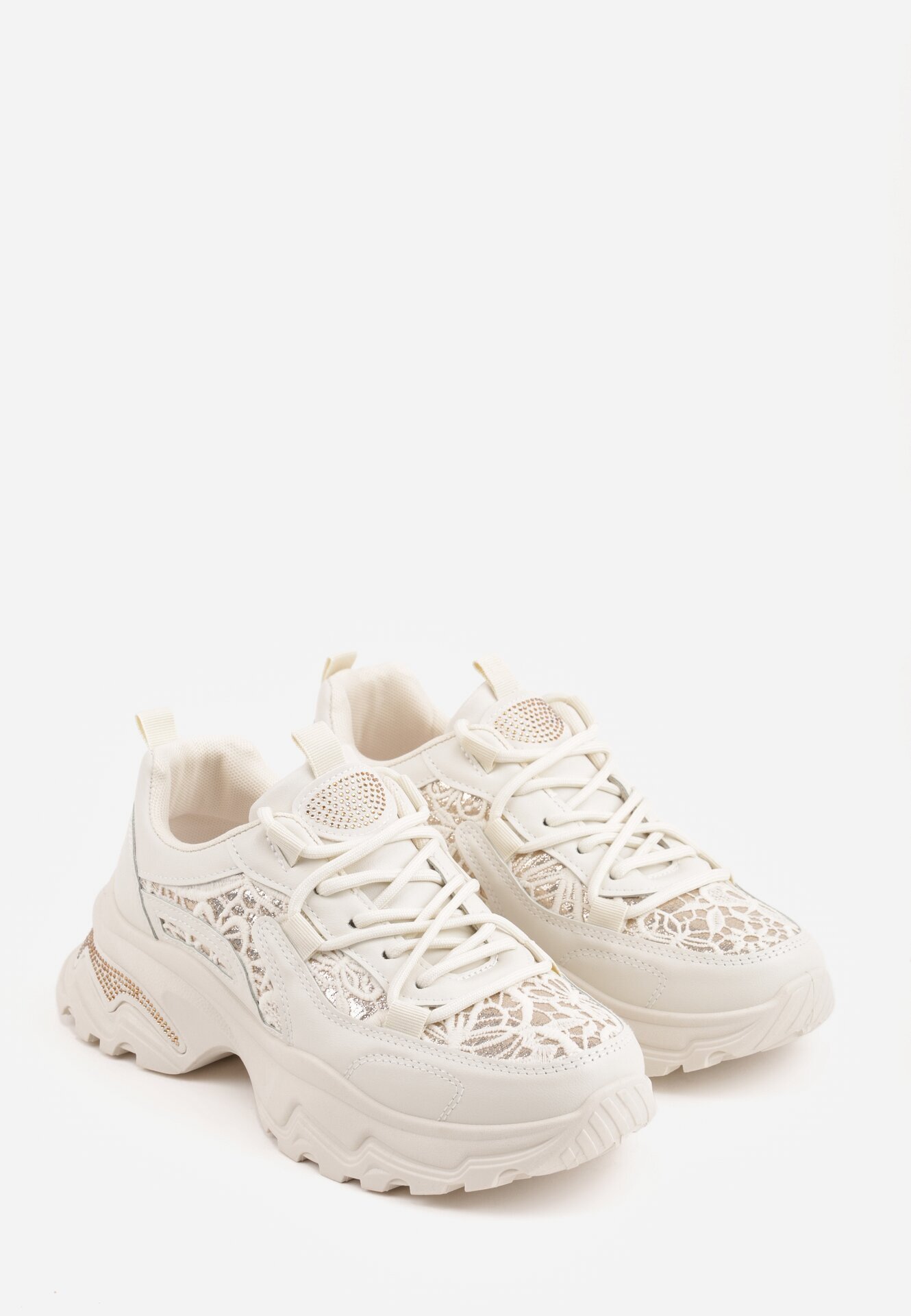 sport Sneakers Bej cu talpă groasă cu inserții din dantelă și zirconii Sephialle