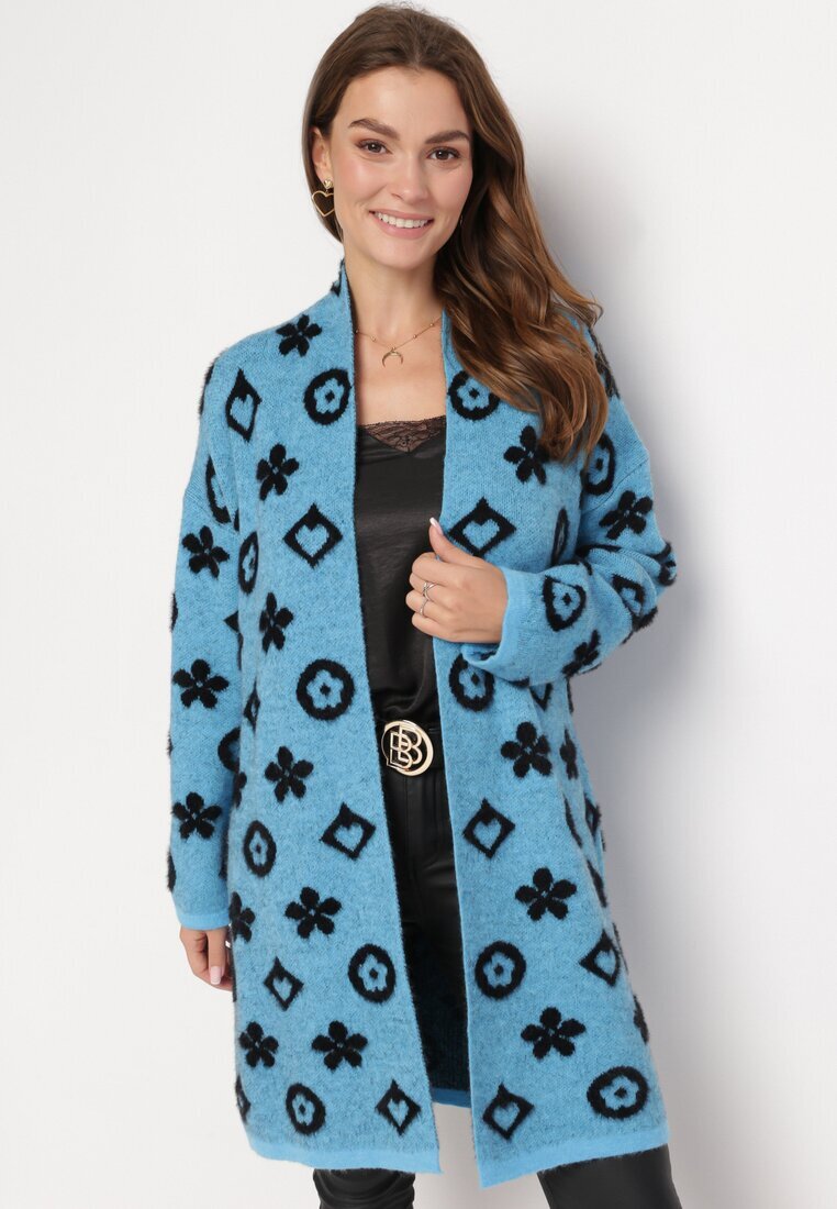 studio eleven Cardigan Albastru cu Imprimeu Floral Grafic și Cordon Legat Juulia