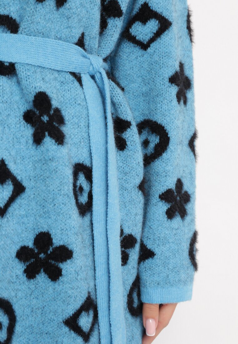 studio eleven Cardigan Albastru cu Imprimeu Floral Grafic și Cordon Legat Juulia