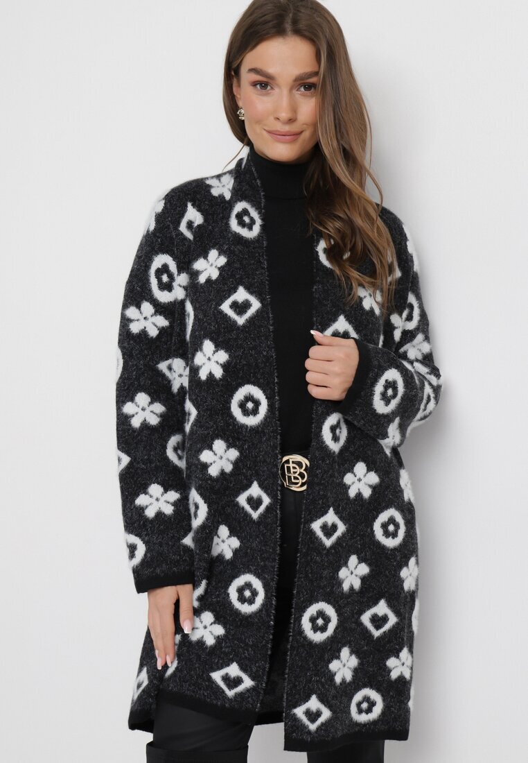 studio eleven Cardigan Negru cu Model Floral Grafic și Cordon Legat Juulia