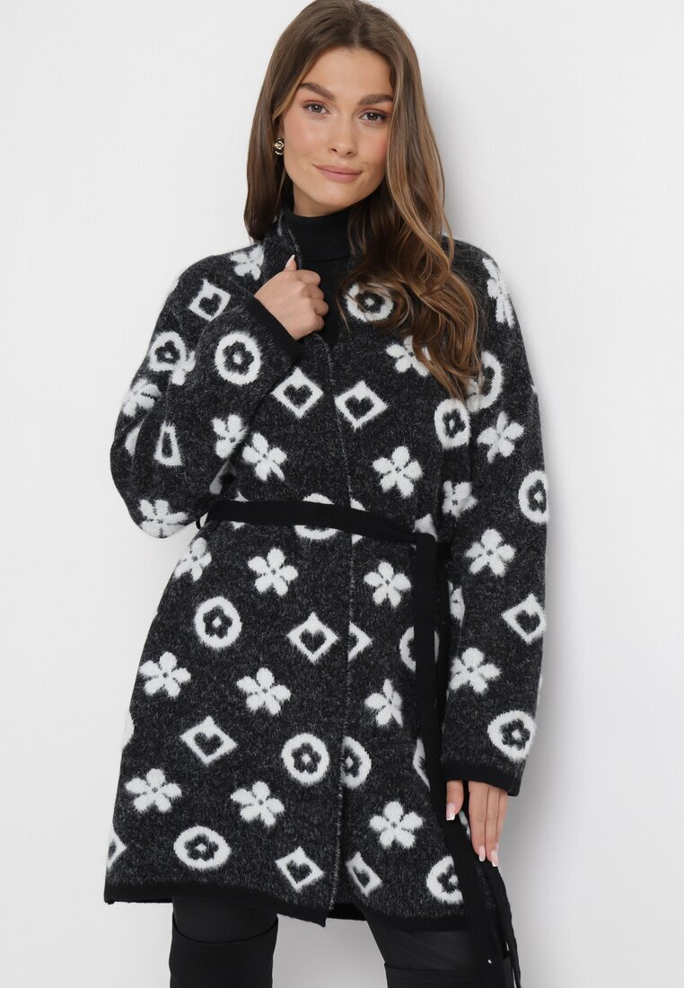 studio eleven Cardigan Negru cu Model Floral Grafic și Cordon Legat Juulia