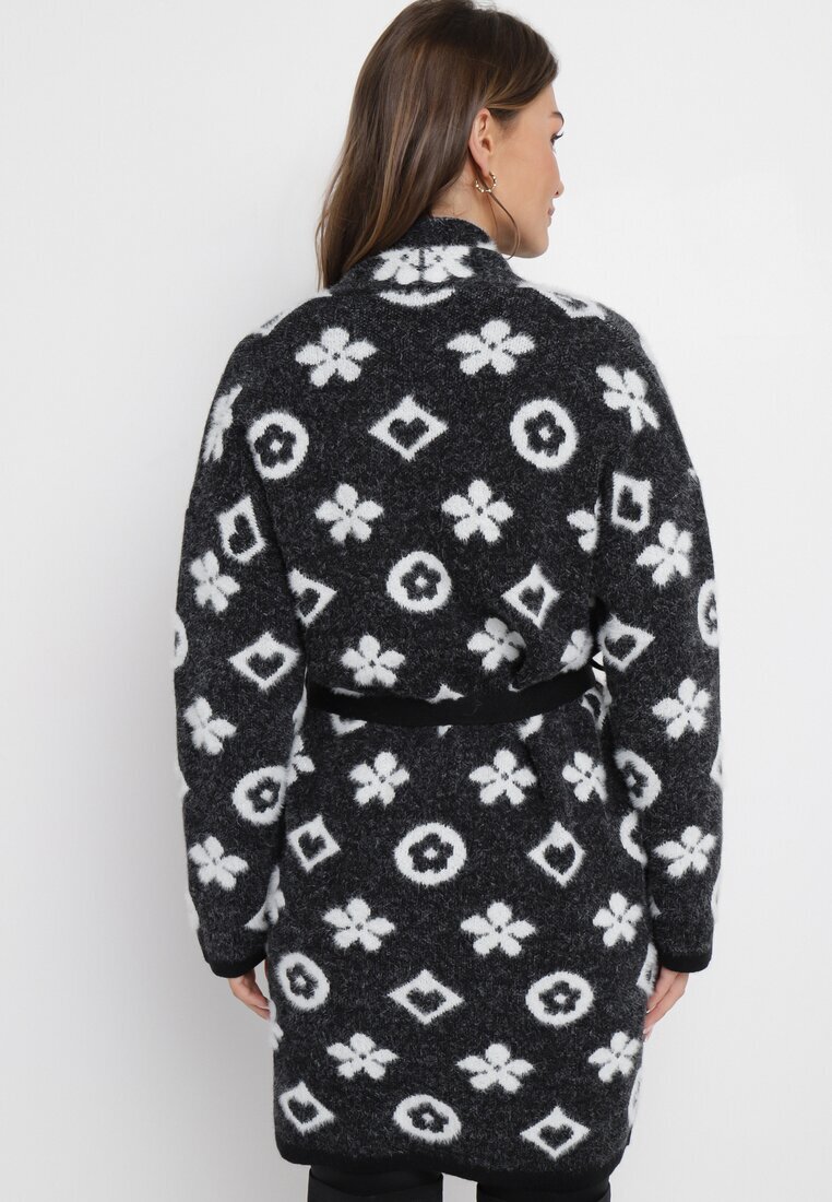 studio eleven Cardigan Negru cu Model Floral Grafic și Cordon Legat Juulia