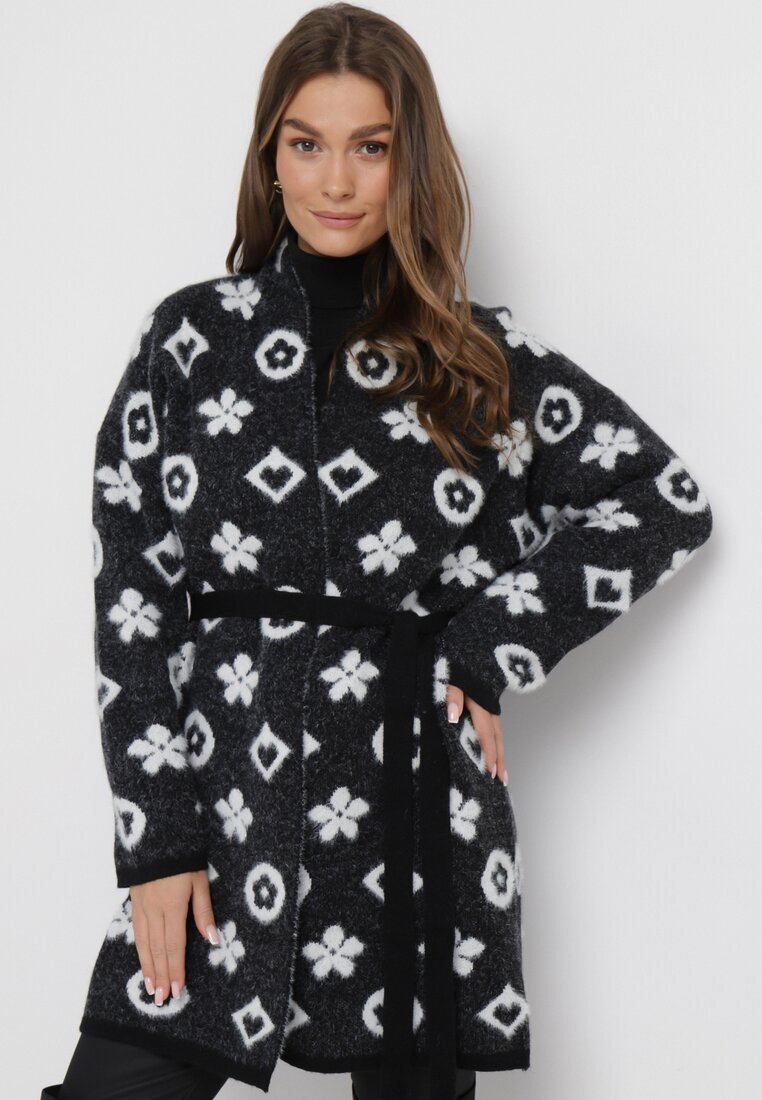 studio eleven Cardigan Negru cu Model Floral Grafic și Cordon Legat Juulia