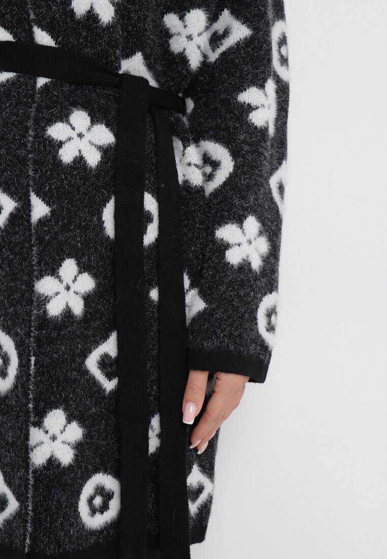 studio eleven Cardigan Negru cu Model Floral Grafic și Cordon Legat Juulia