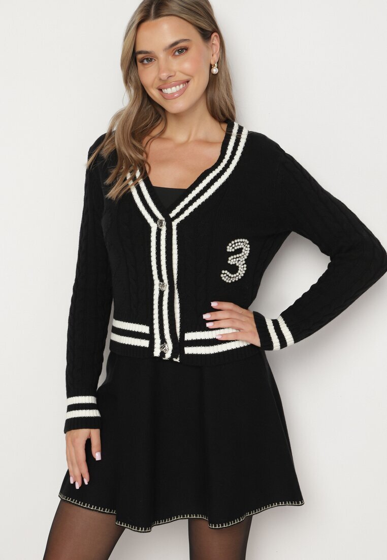 studio eleven Cardigan Negru din Bumbac Ornat cu Benzi Perle și Zirconii Liasha