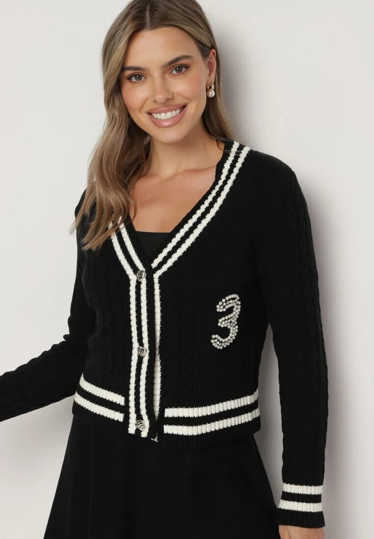 studio eleven Cardigan Negru din Bumbac Ornat cu Benzi Perle și Zirconii Liasha