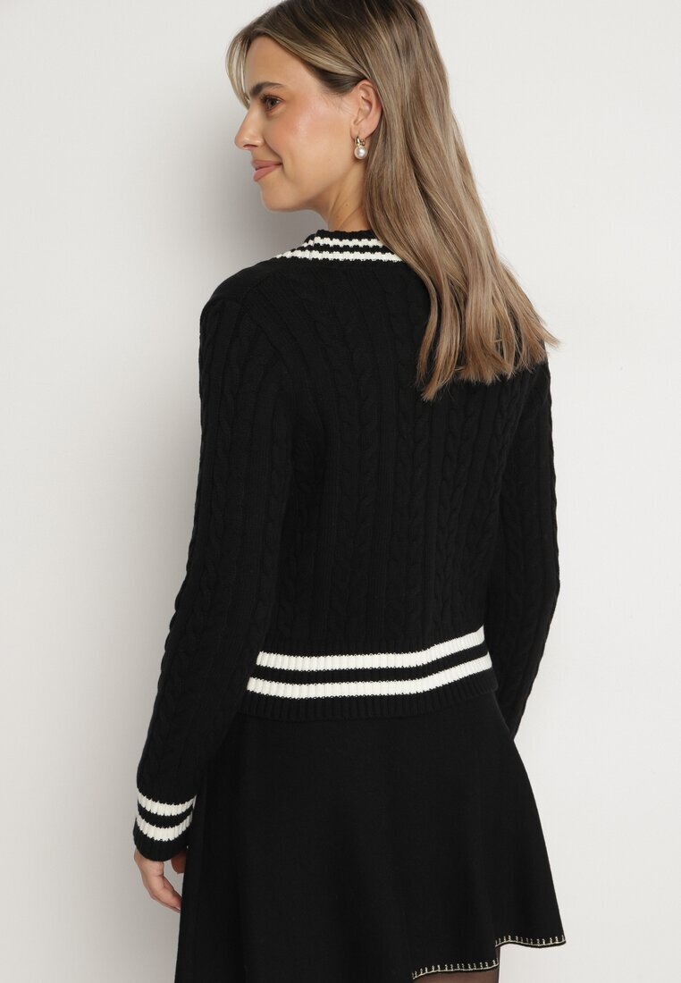 studio eleven Cardigan Negru din Bumbac Ornat cu Benzi Perle și Zirconii Liasha