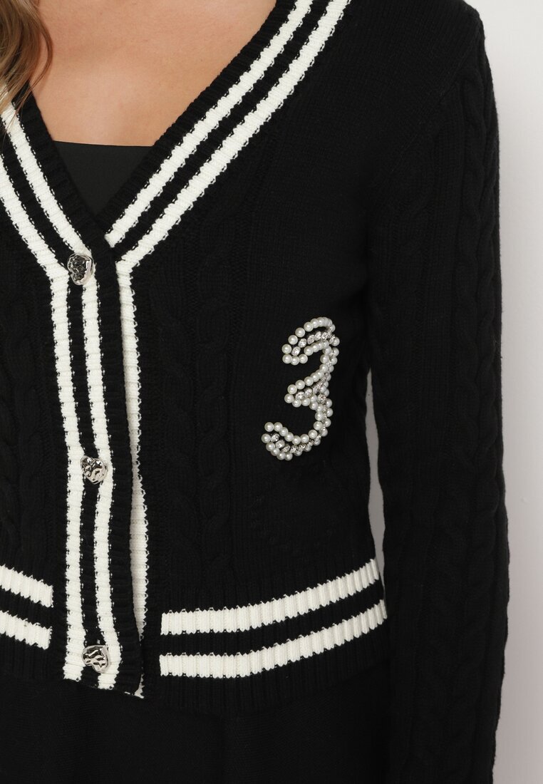studio eleven Cardigan Negru din Bumbac Ornat cu Benzi Perle și Zirconii Liasha