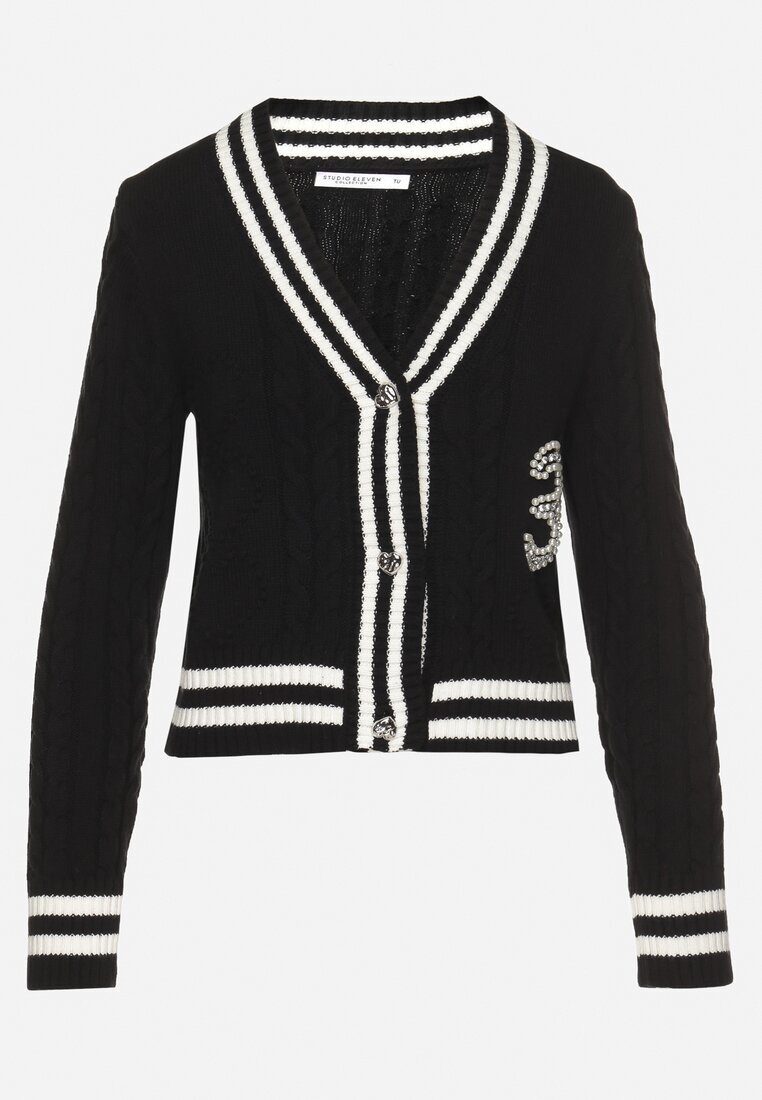studio eleven Cardigan Negru din Bumbac Ornat cu Benzi Perle și Zirconii Liasha