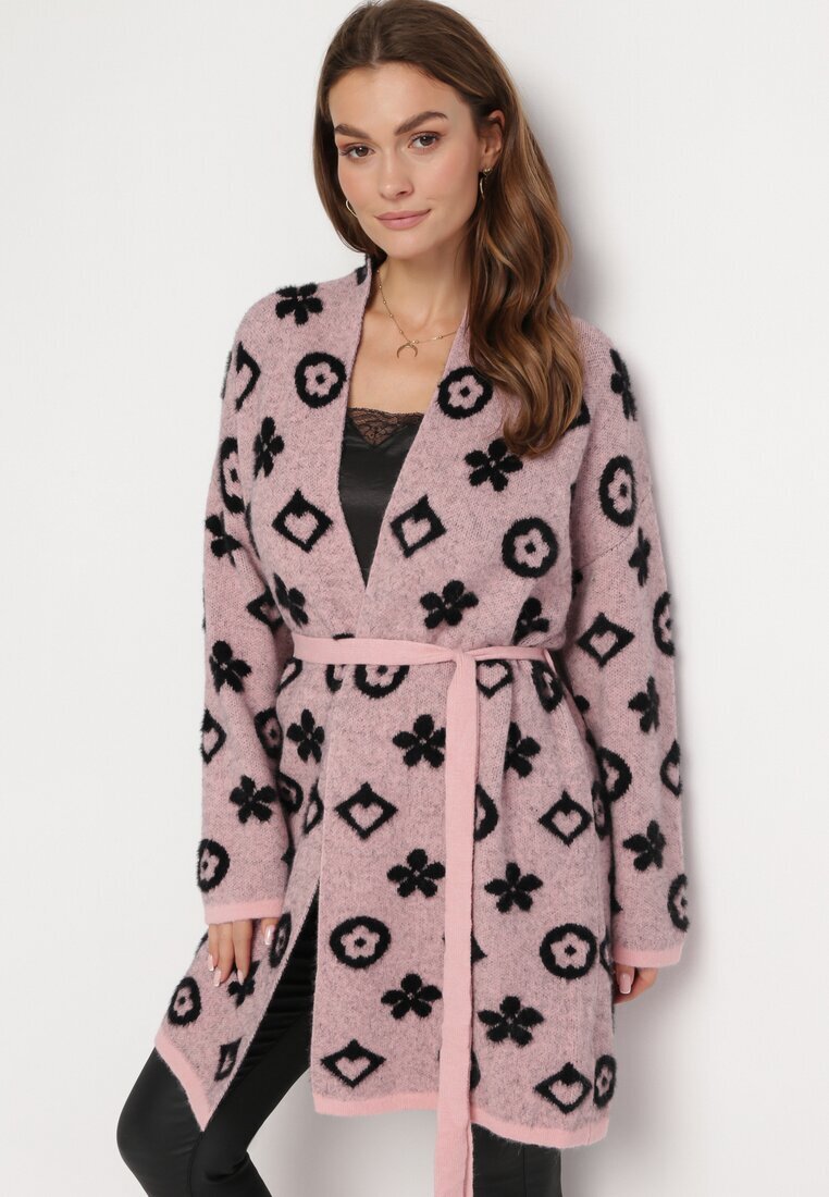 studio eleven Cardigan Roz cu Model Grafic Floral și Cordon Legat Juulia