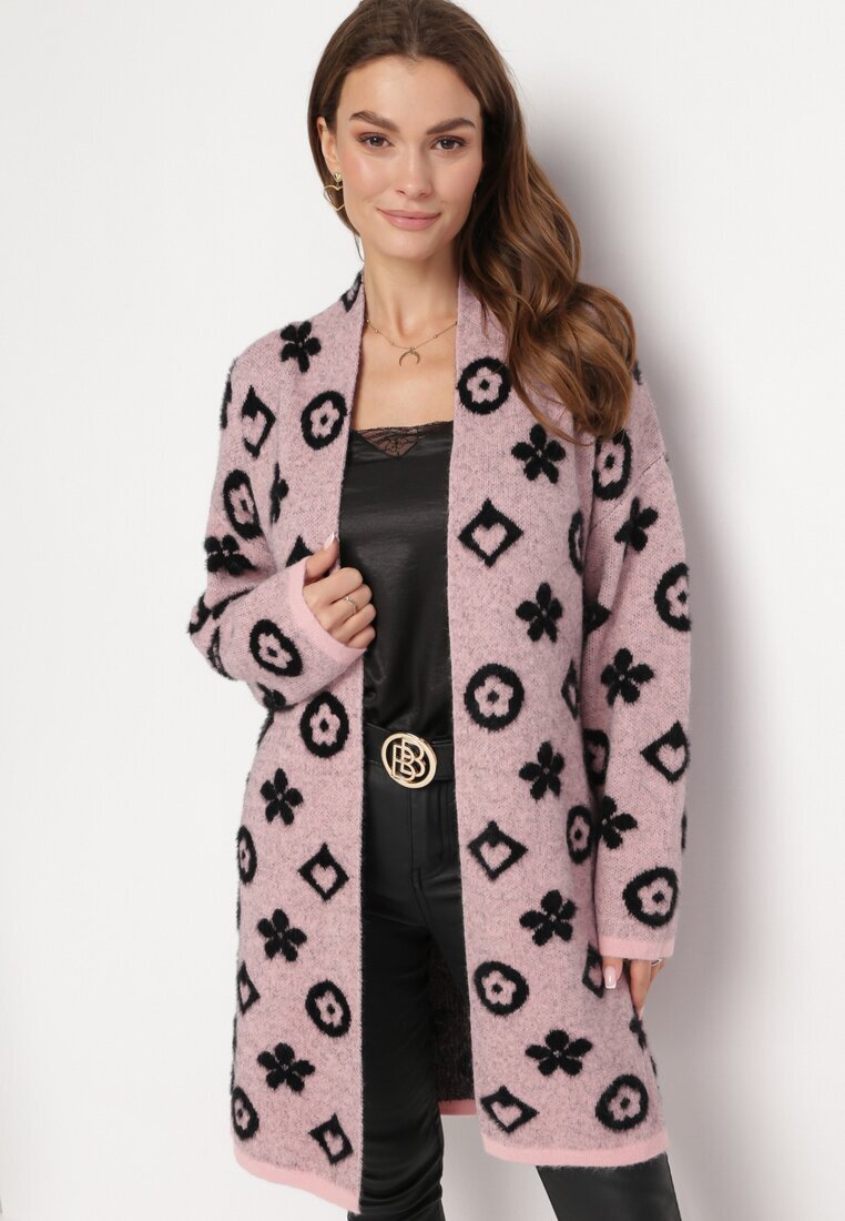studio eleven Cardigan Roz cu Model Grafic Floral și Cordon Legat Juulia