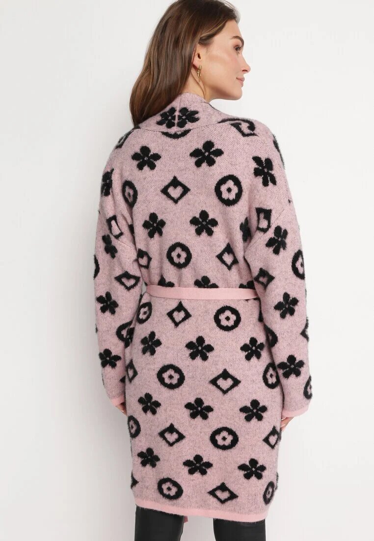 studio eleven Cardigan Roz cu Model Grafic Floral și Cordon Legat Juulia