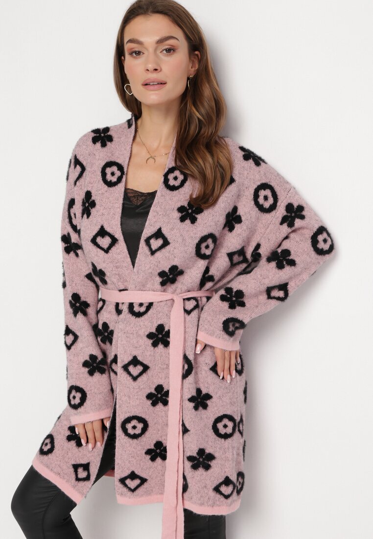 studio eleven Cardigan Roz cu Model Grafic Floral și Cordon Legat Juulia