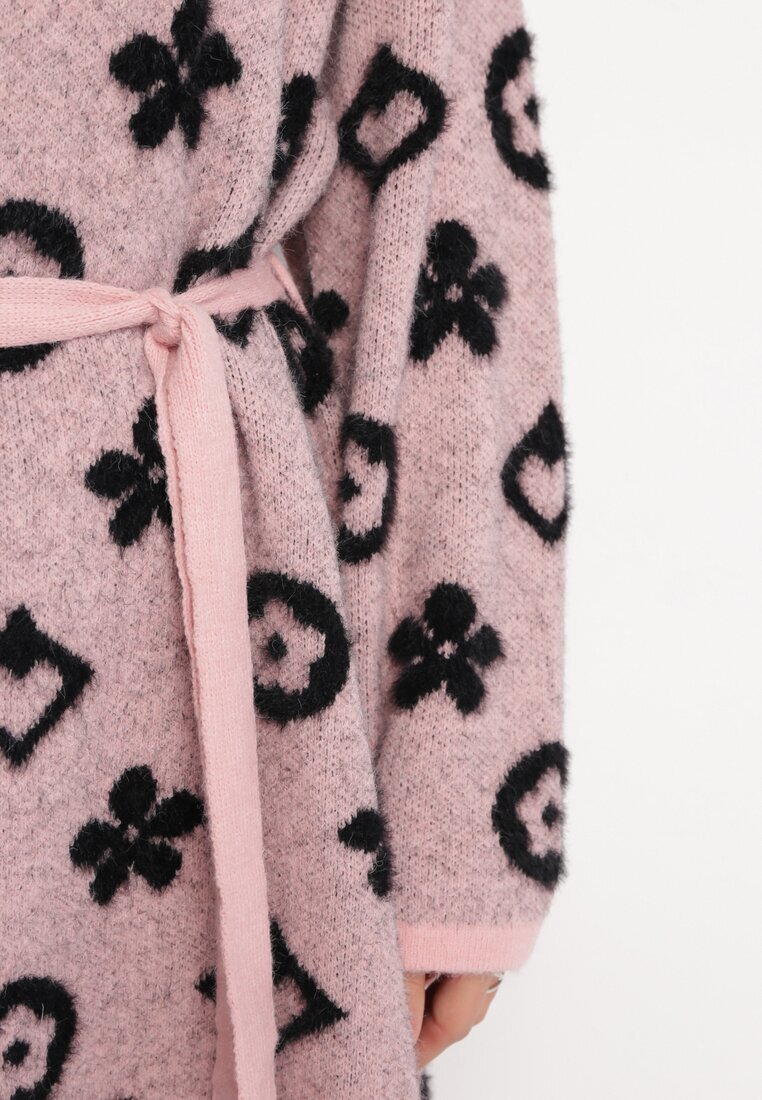 studio eleven Cardigan Roz cu Model Grafic Floral și Cordon Legat Juulia