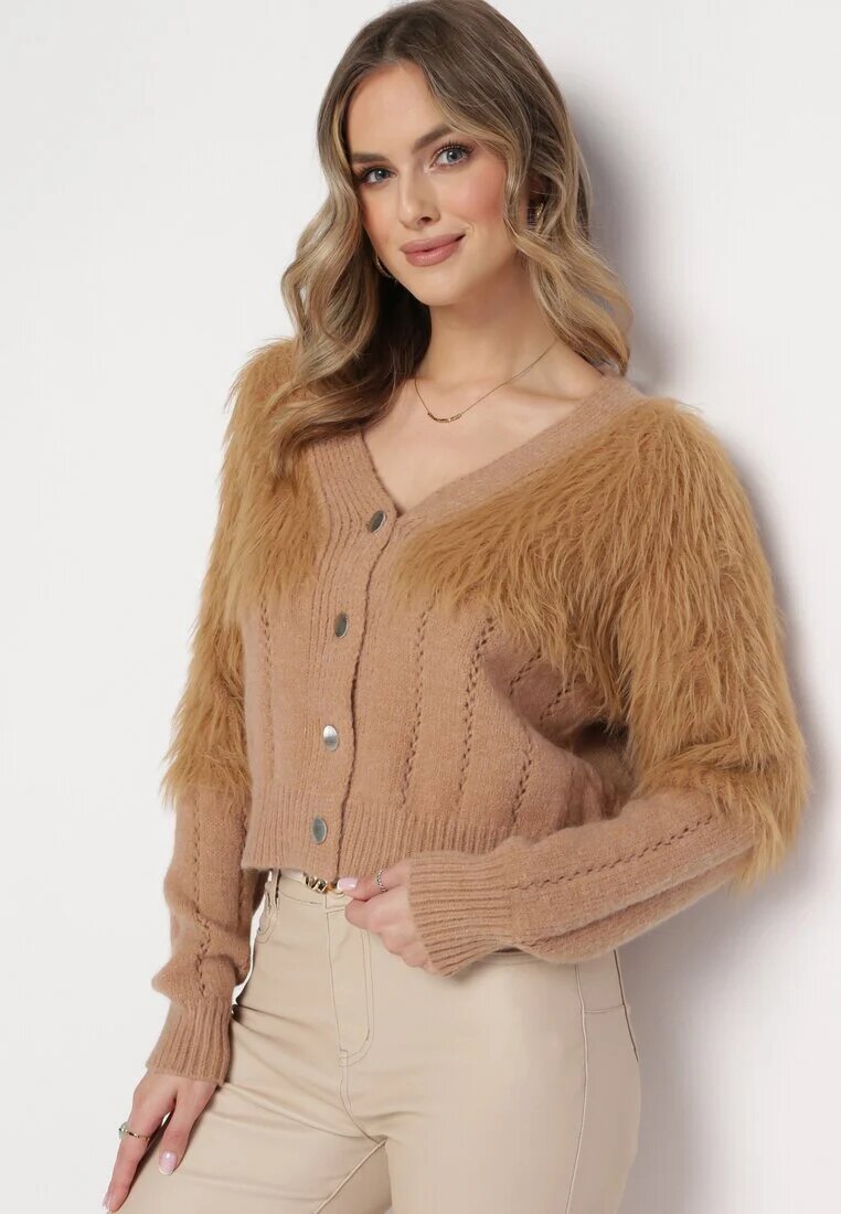 studio eleven Cardigan Scurt Maro Decorat cu Tricot Pufos Sacia