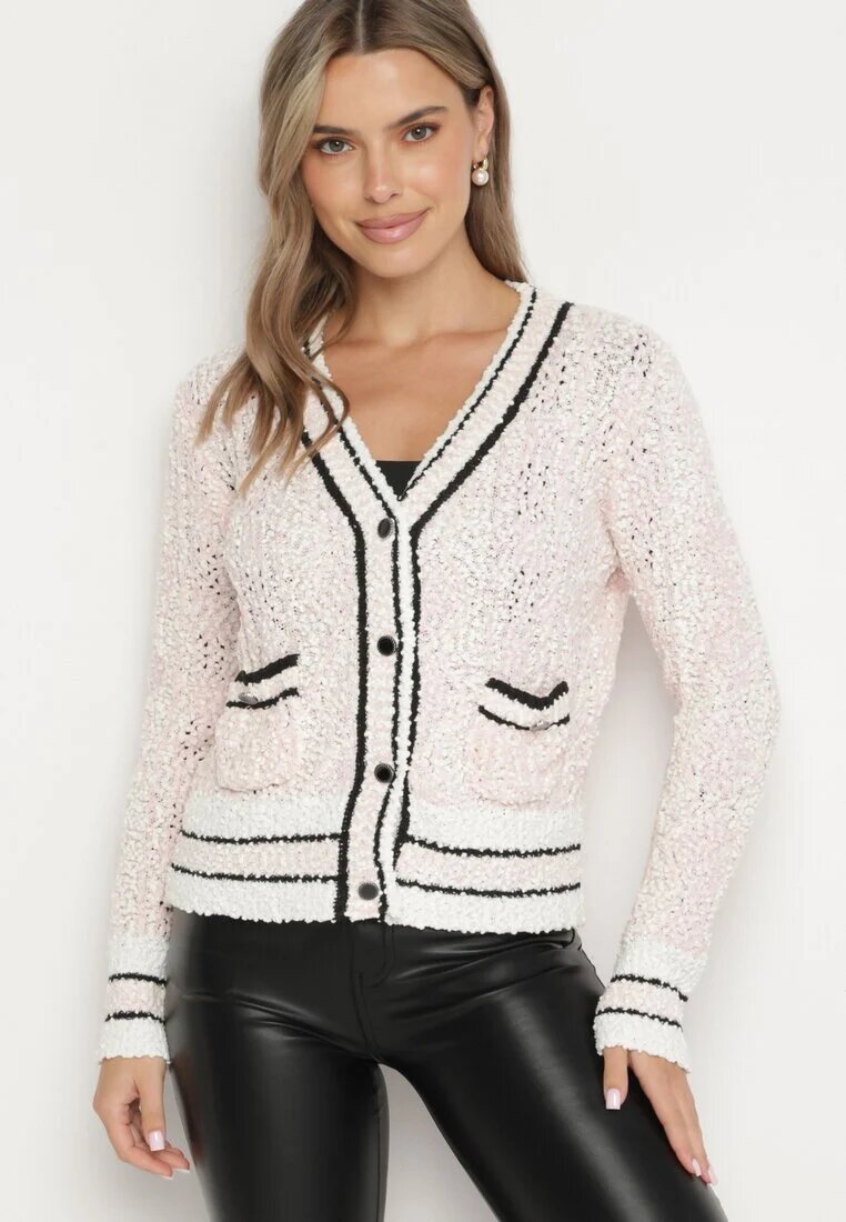 studio eleven Cardigan scurt roz cu nasturi din viscoză cu dungi și nasturi decorativi Lialana