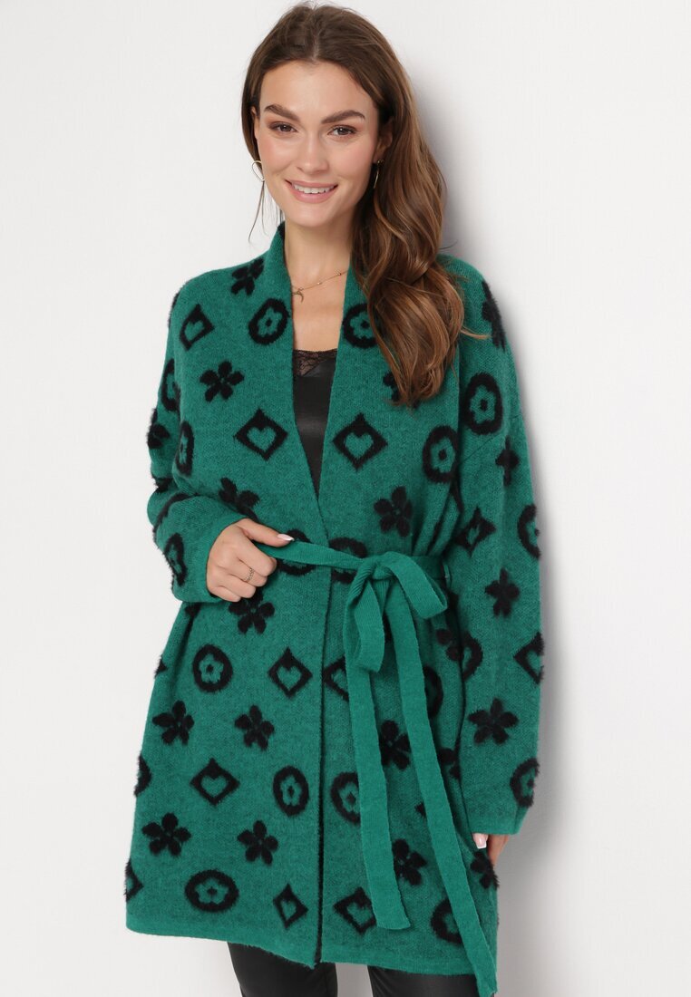 studio eleven Cardigan Verde cu Model Floral Grafic și Curea Legată Juulia