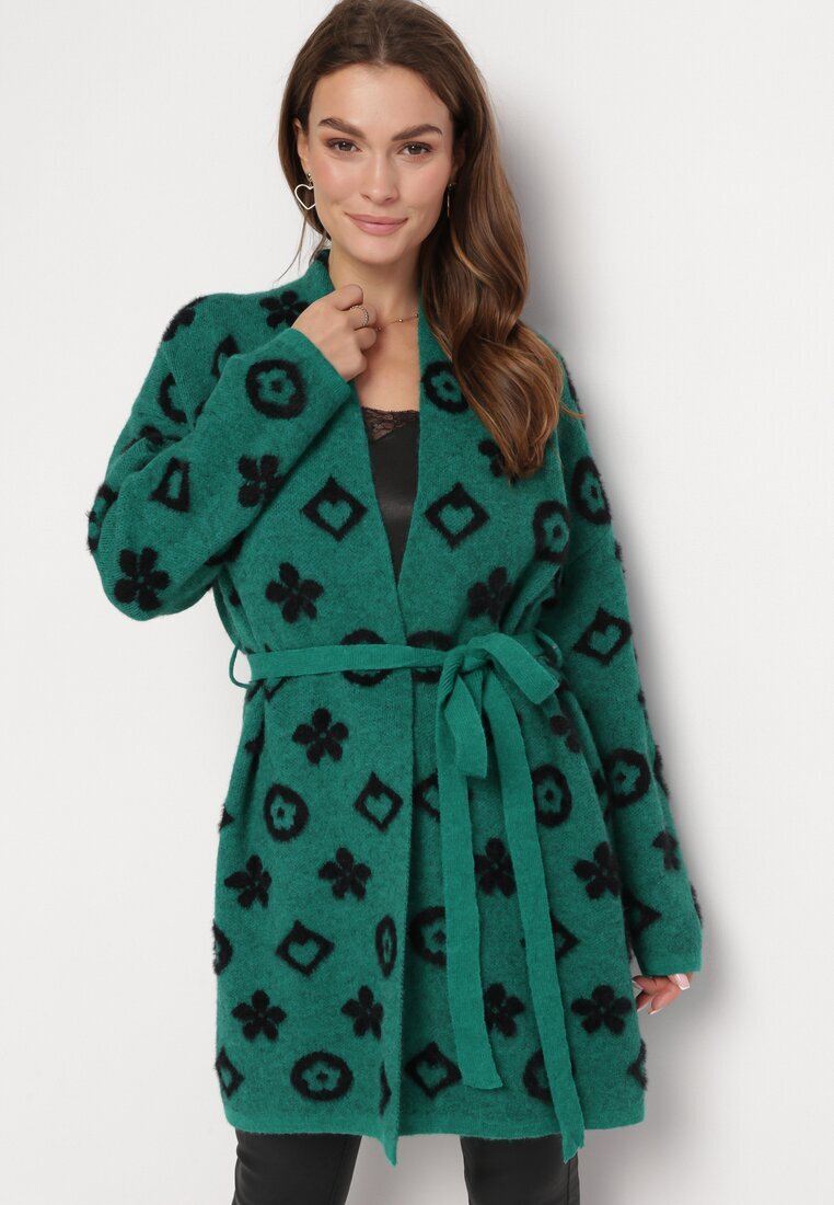 studio eleven Cardigan Verde cu Model Floral Grafic și Curea Legată Juulia