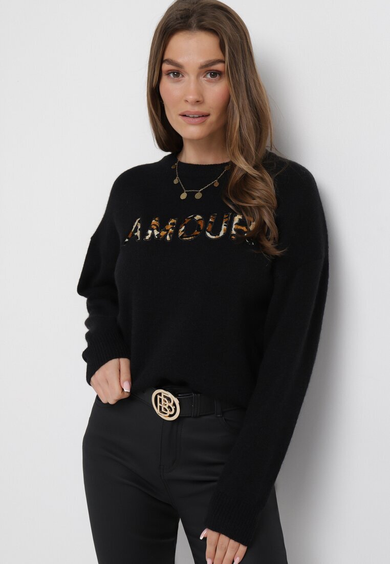 studio eleven Pulover Negru cu inscripție Amour și decolteu rotund Satrise