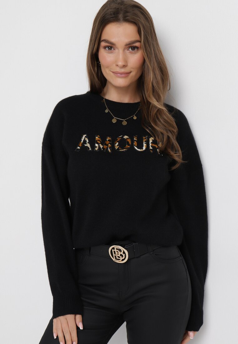 studio eleven Pulover Negru cu inscripție Amour și decolteu rotund Satrise