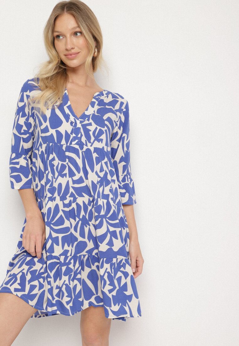 Sublevel Rochie Albastră Viscoză Evazată cu Model Abstract Liracalia