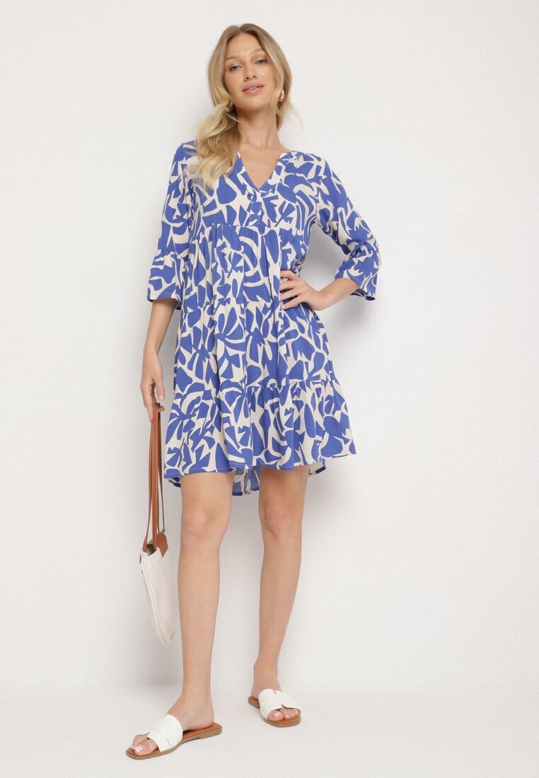 Sublevel Rochie Albastră Viscoză Evazată cu Model Abstract Liracalia