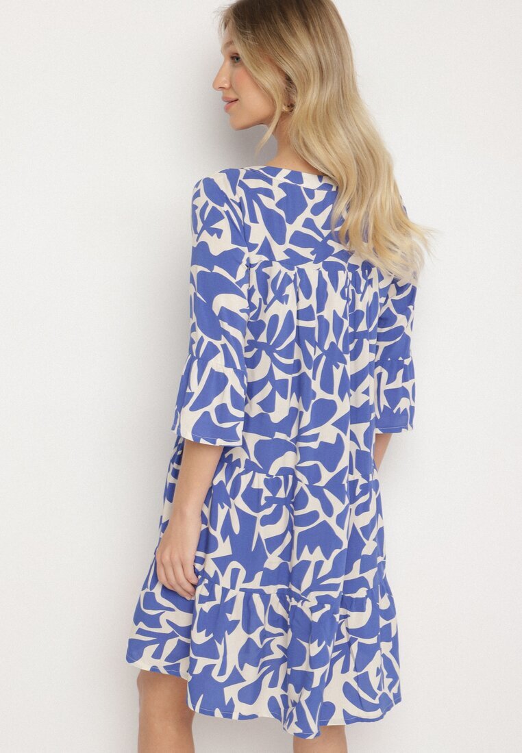Sublevel Rochie Albastră Viscoză Evazată cu Model Abstract Liracalia