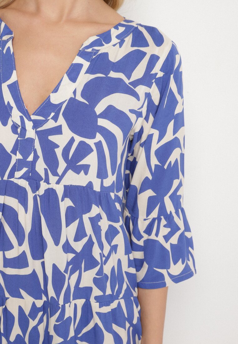 Sublevel Rochie Albastră Viscoză Evazată cu Model Abstract Liracalia