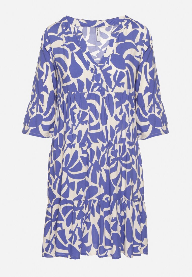 Sublevel Rochie Albastră Viscoză Evazată cu Model Abstract Liracalia