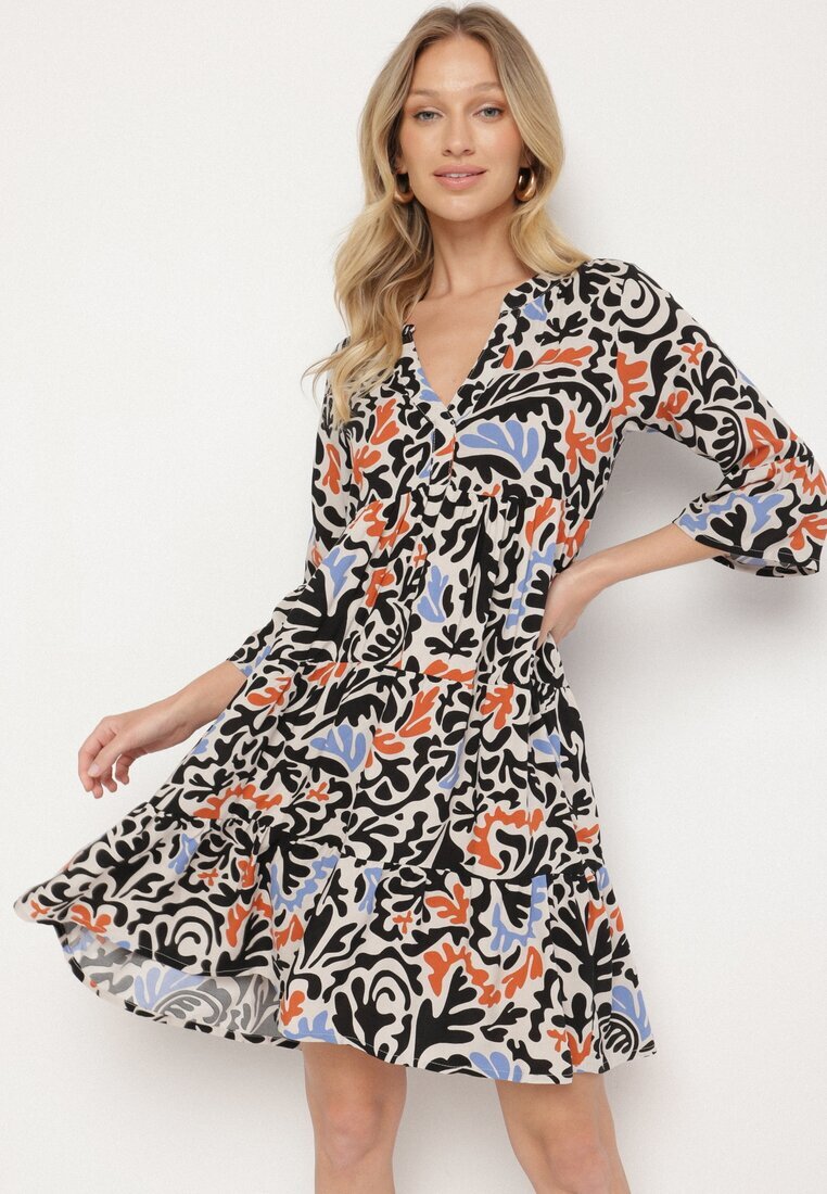 Sublevel Rochie cloș din vâscoză negru-bej cu model abstract Liracalia