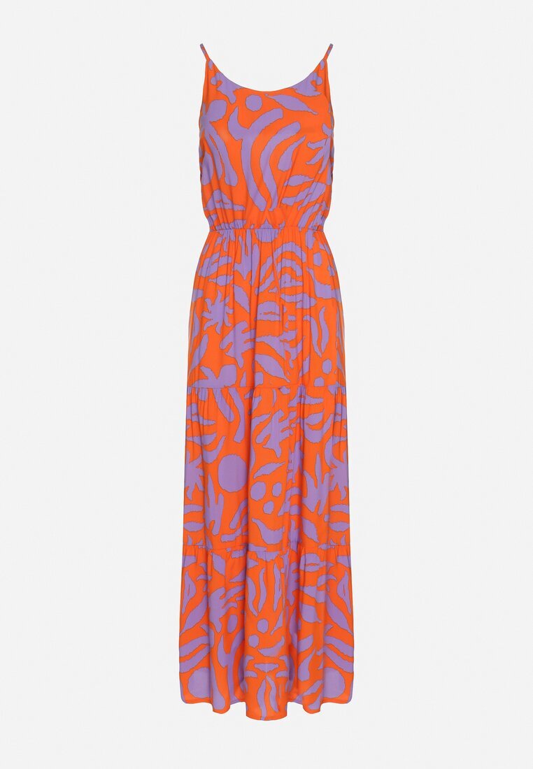 Sublevel Rochie din Vâscoză Portocaliu-Violet cu Croi Cloș și Bretele Flenore