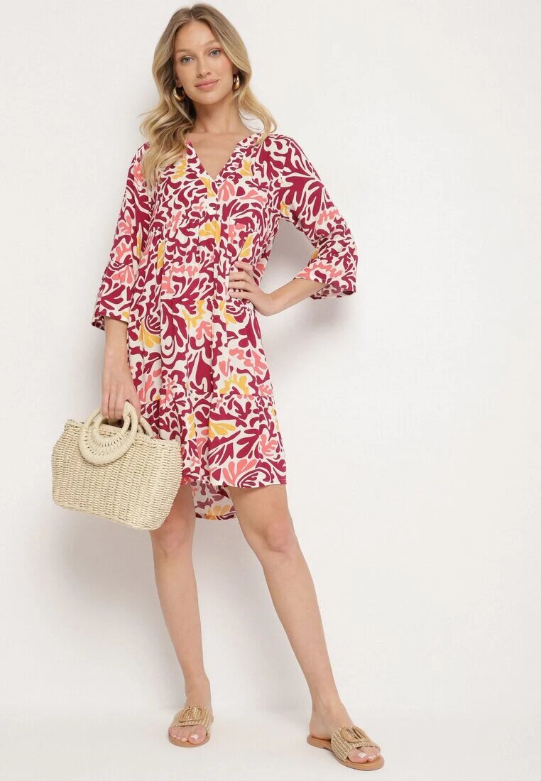 Sublevel Rochie Galben-Bordo de Viscoză Evazată cu Model Abstract Liracalia
