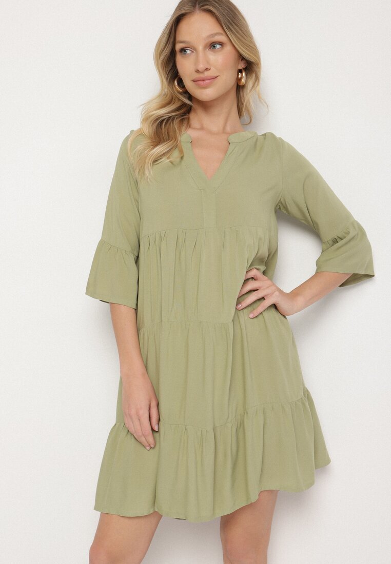Sublevel Rochie Verde Evazată din Viscoză cu Volane Izleia
