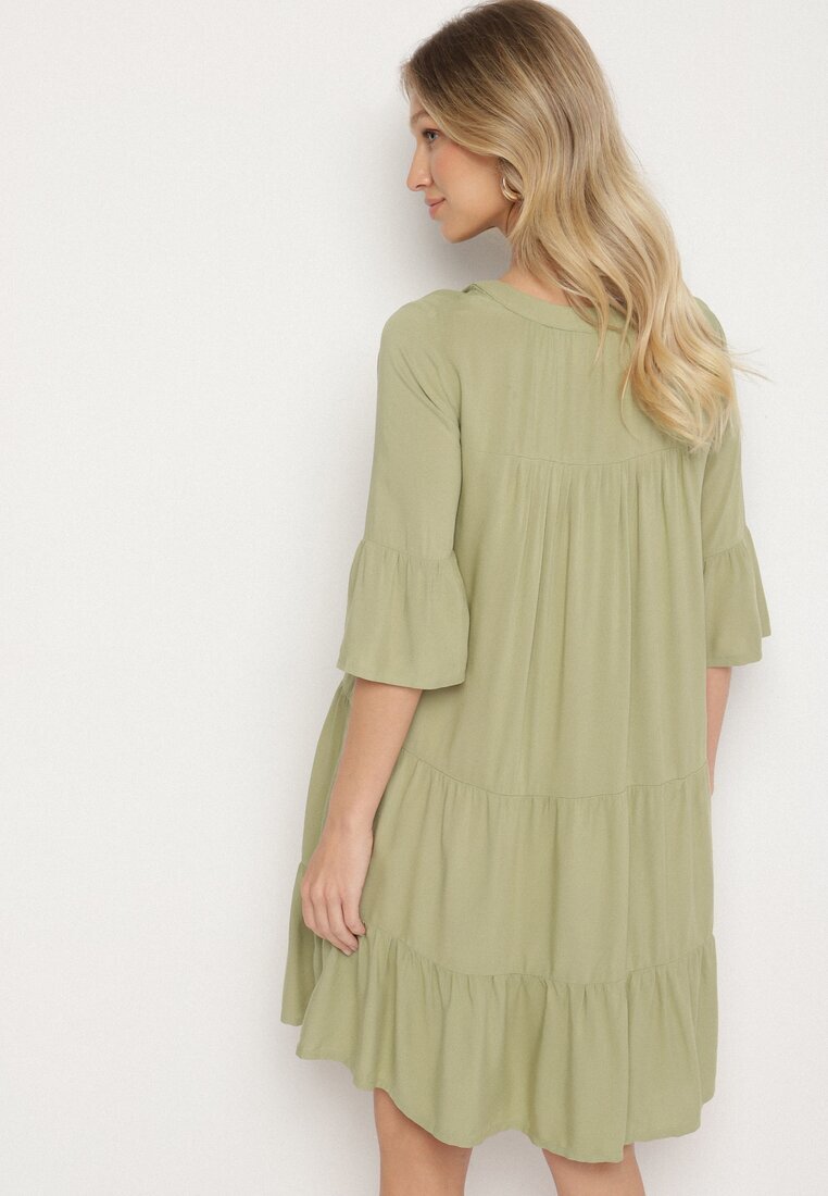 Sublevel Rochie Verde Evazată din Viscoză cu Volane Izleia