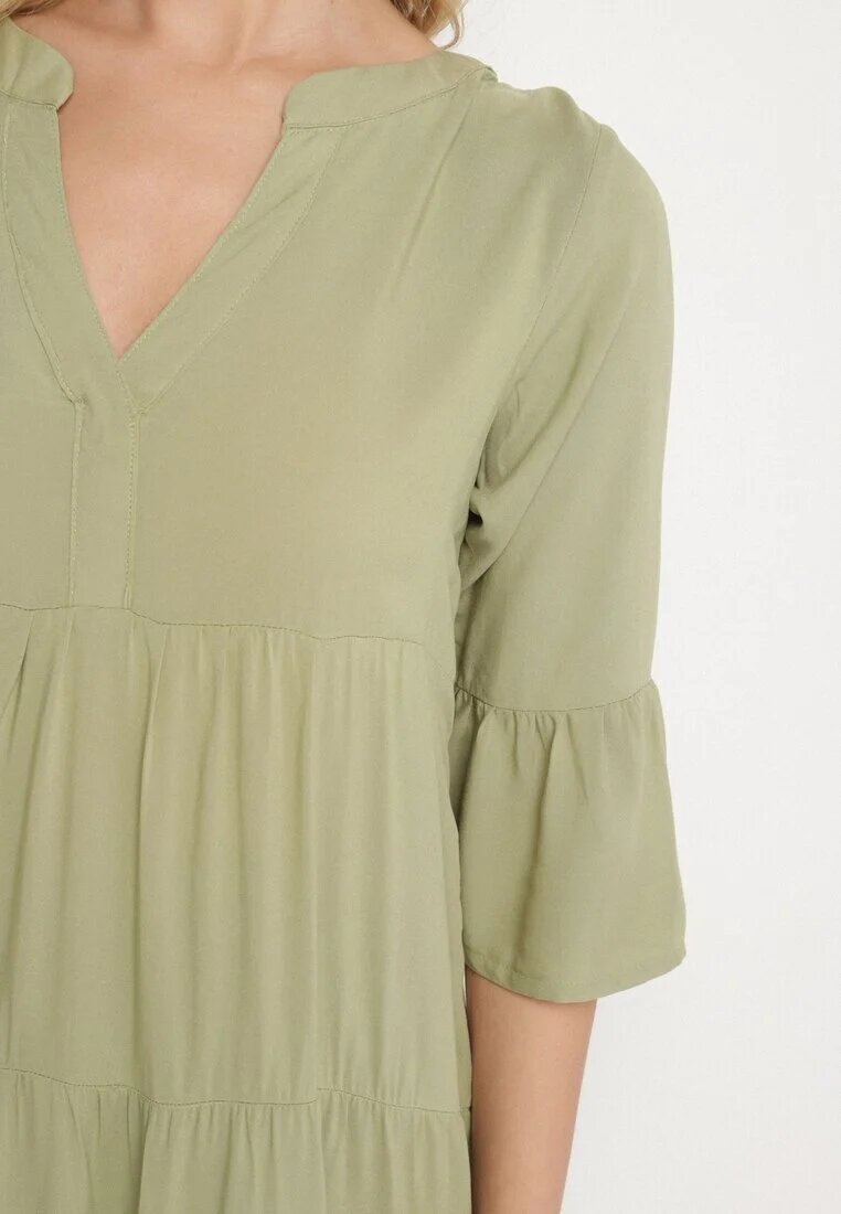 Sublevel Rochie Verde Evazată din Viscoză cu Volane Izleia