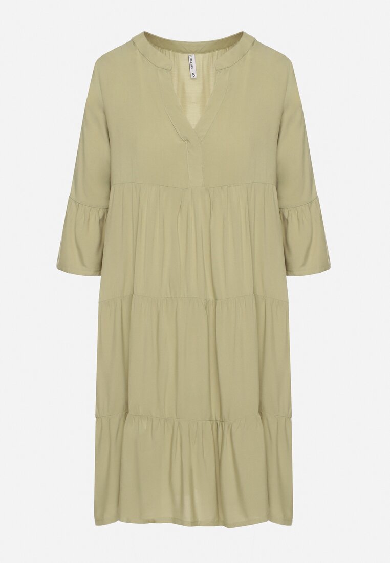 Sublevel Rochie Verde Evazată din Viscoză cu Volane Izleia