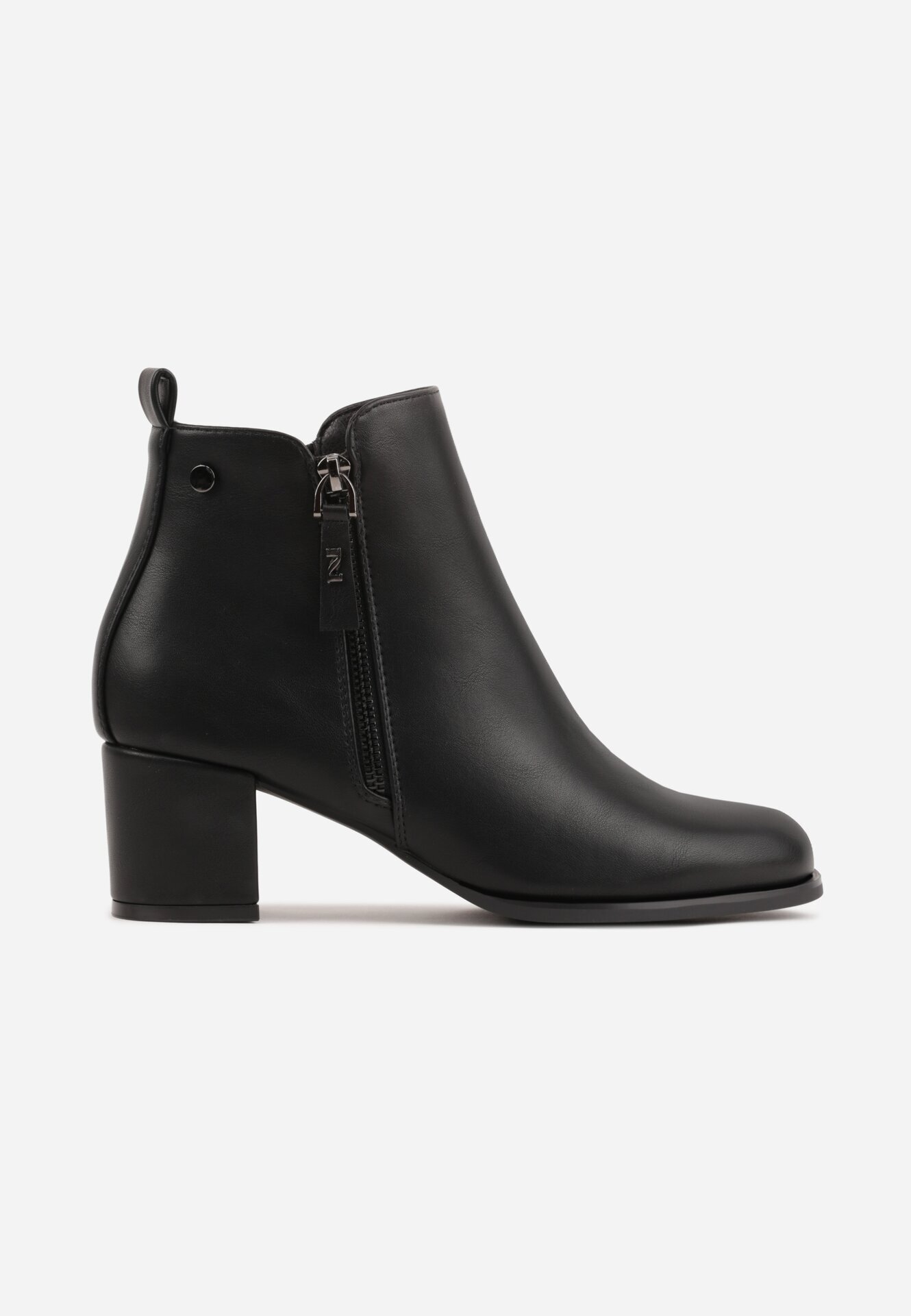 super mode Botine clasice până la gleznă cu toc gros și fermoar decorativ Loryna Negre