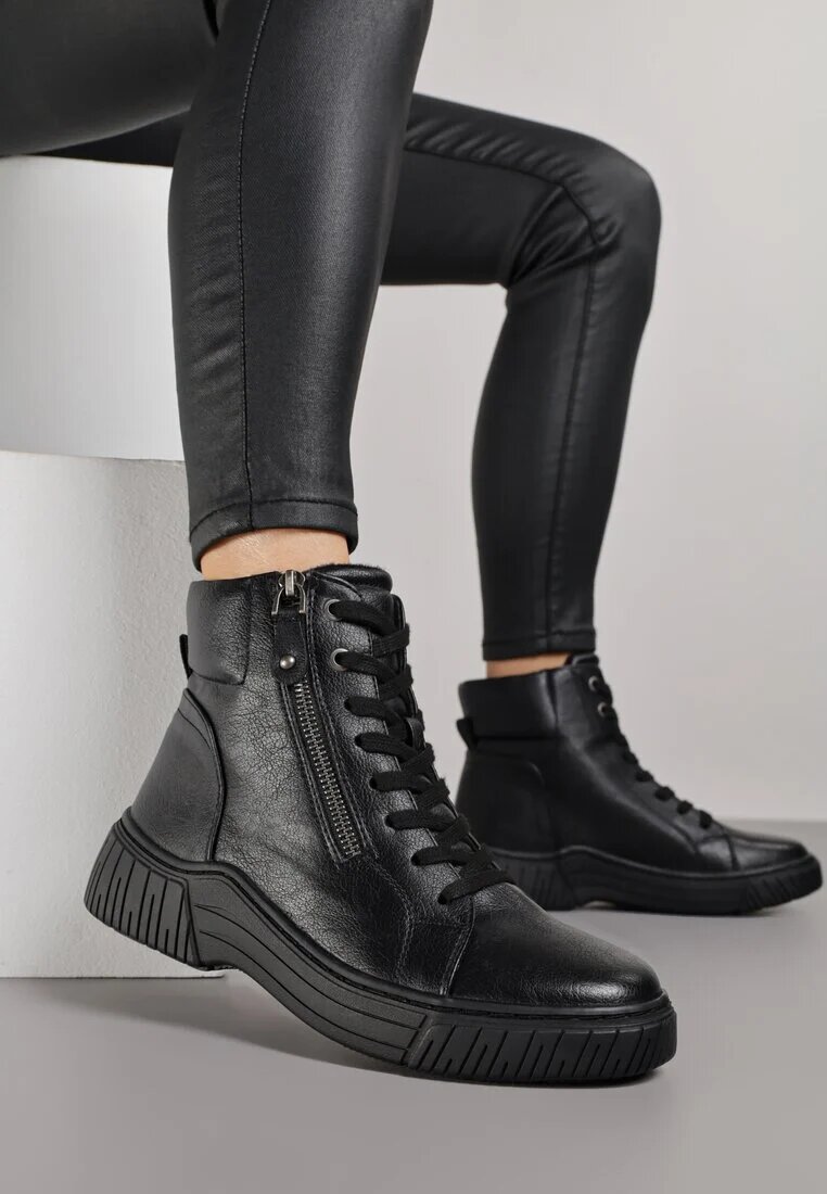 super mode Botine Negre Sportive cu carâmb șiretuit și fermoar decorativ Ezilare