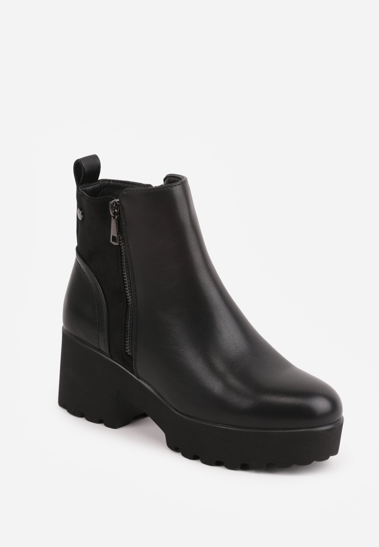 super mode Botine pe toc gros și platformă cu talpă profilată decorate cu fermoar Alverian Negre