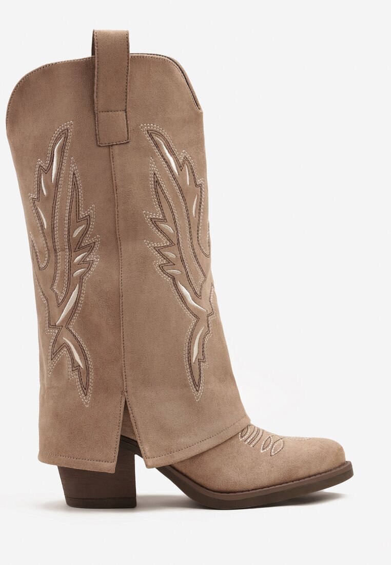super mode Cizme bej închis cowboy cu toc cu gambă răsfrântă și broderie Emmirine