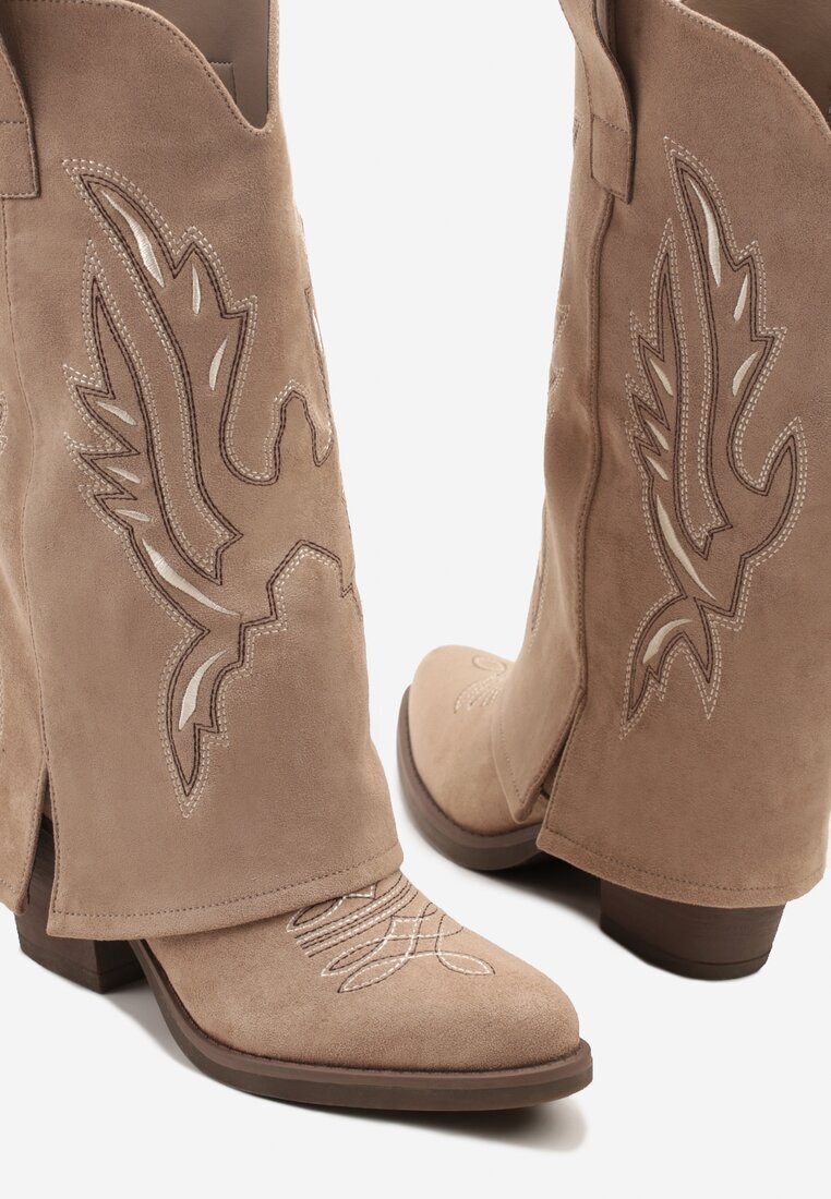 super mode Cizme bej închis cowboy cu toc cu gambă răsfrântă și broderie Emmirine