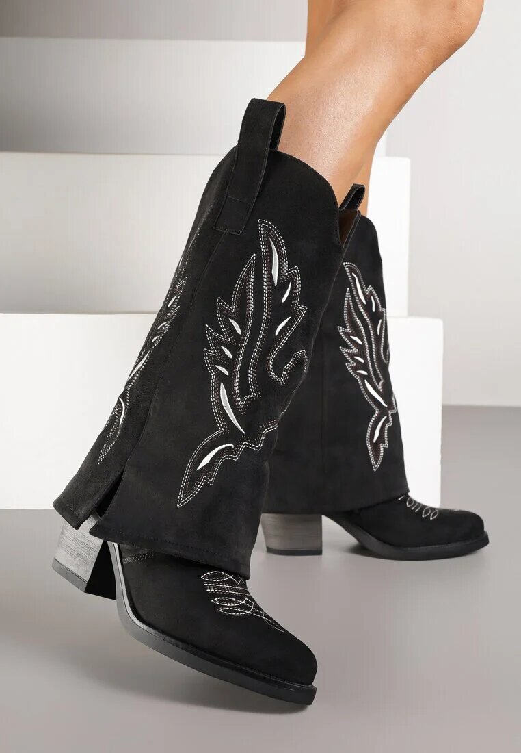 super mode Cizme Negre tip Cowboy cu Toc cu Tija Întoarsă și Broderie Emmirine